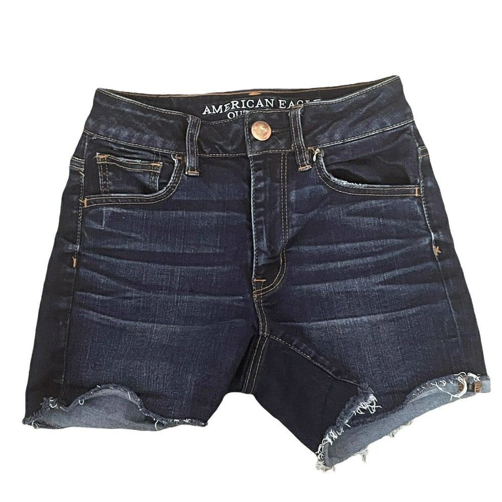 𝅺AMERICAN Eagle Super Stretch Hi Rise Shortie Shorts 0 Denim Jean Distressed